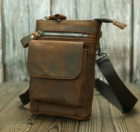 Genuine Leather Cell Phone Waist Bag Niche Simple Mini Brown - Shop at LoveMi