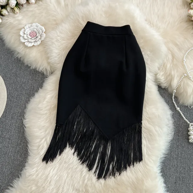 Stitching Tassel High Waist Irregular Pencil Skirt Black - Shop at LoveMi