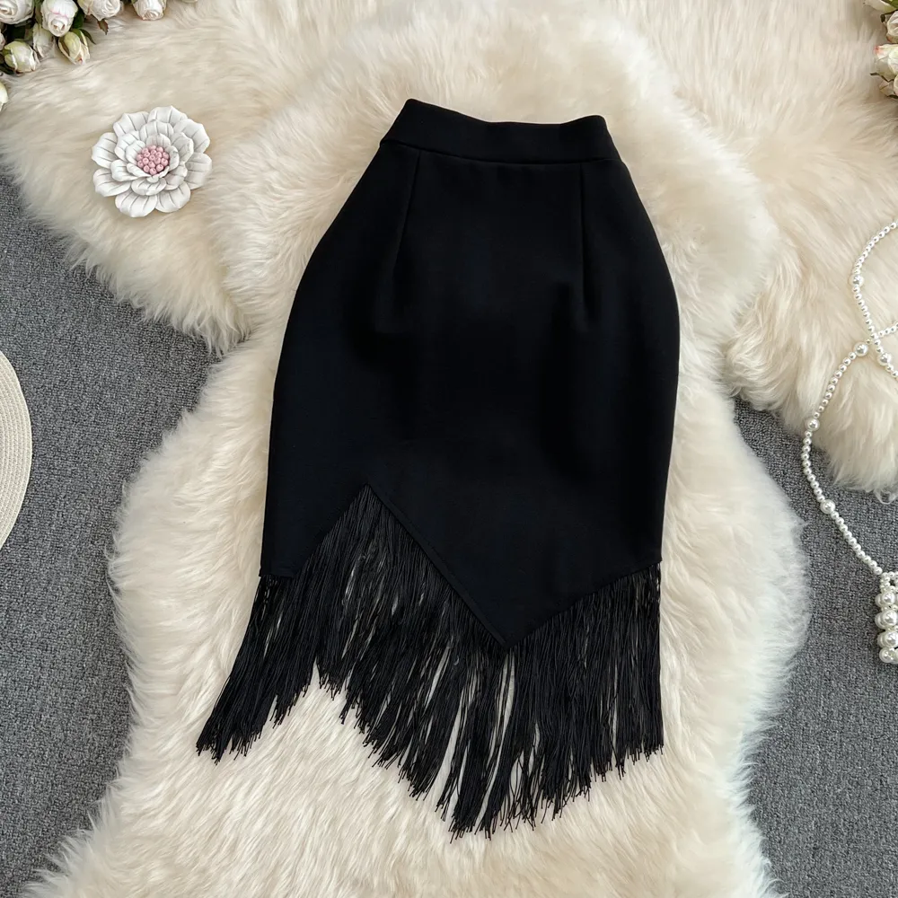 Stitching Tassel High Waist Irregular Pencil Skirt - Black