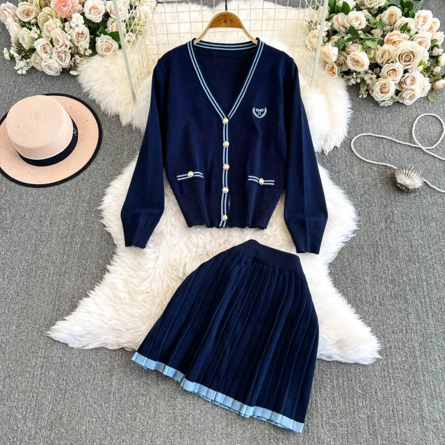 Contrast Color V neck Knitted Shirt Pleated Skirt Suit Blue - Shop at LoveMi