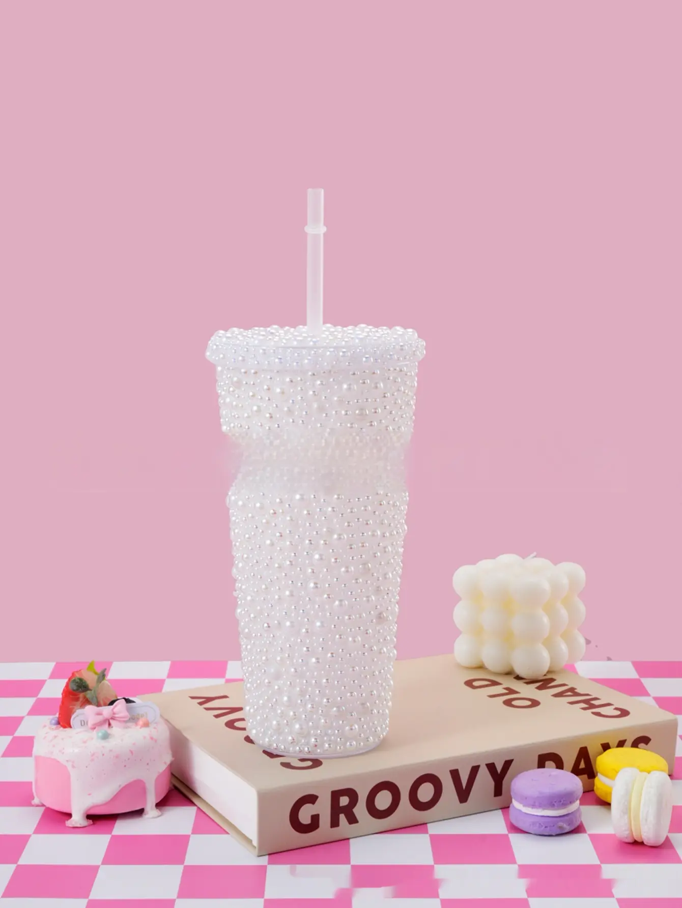 Stick-on Crystals Double-layer Large Capacity Cup With Straw