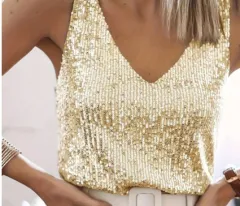Women's Sequin Summer Young Sexy V-neck Top - Light Yellow - View 1