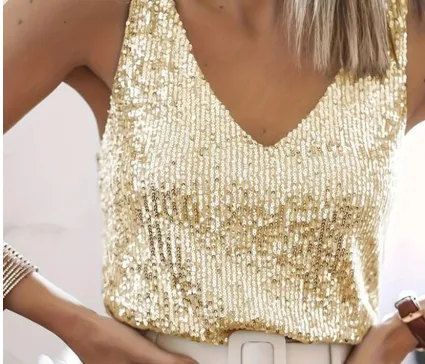 Women's Sequin Summer Young Sexy V-neck Top - Light Yellow