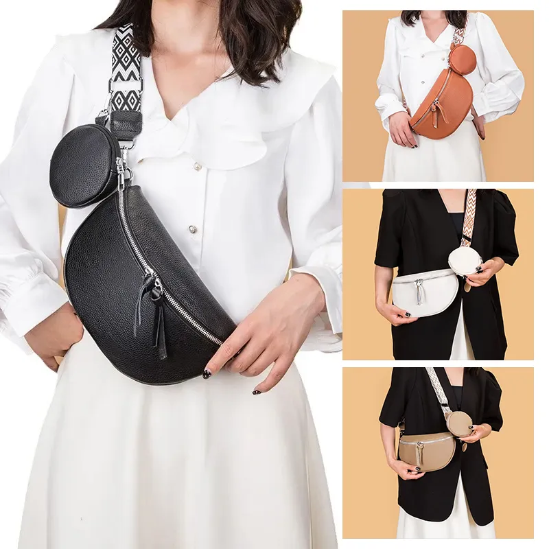 Leather Fashion Crossbody Bag Elegant Solid Colour Genuine Fanny