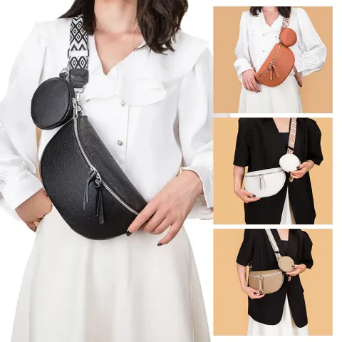 Leather Fashion Crossbody Bag Elegant Solid Colour Genuine Fanny