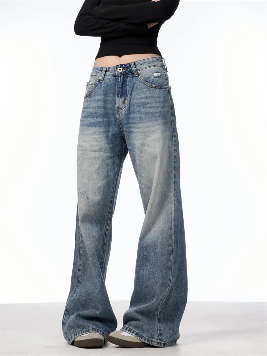 Retro Washed Distressed High Waist Jeans Women's, Blue Trousers - Washed Blue