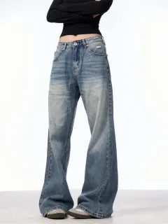 Retro Washed Distressed High Waist Jeans Women's, Blue Trousers - Washed Blue - View 1