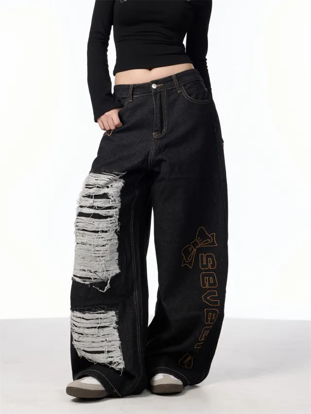 Retro Alphabet Embroidered Jeans Women's Loose Straight Wide leg Pants Black - Shop at LoveMi