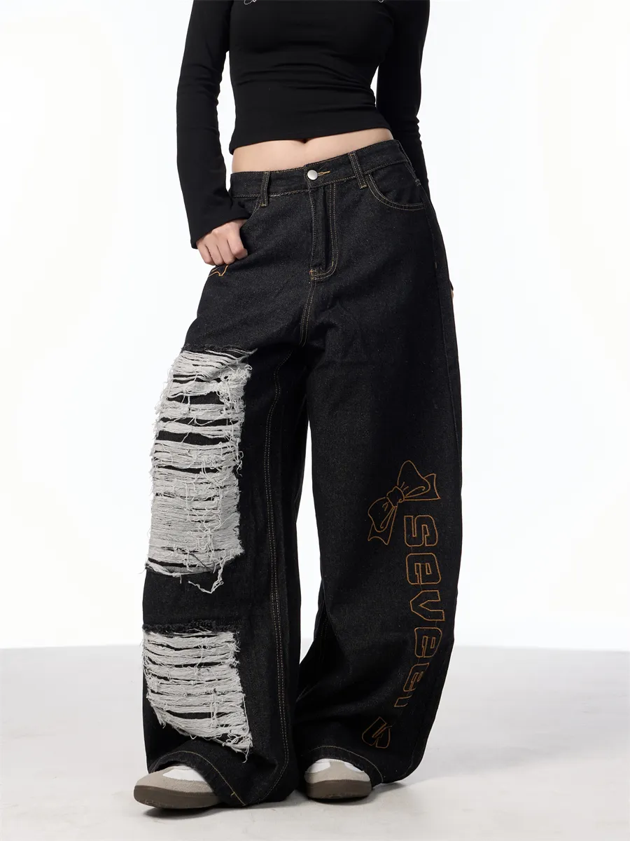 Retro Alphabet Embroidered Jeans Women's Loose Straight Wide-leg Pants - Black