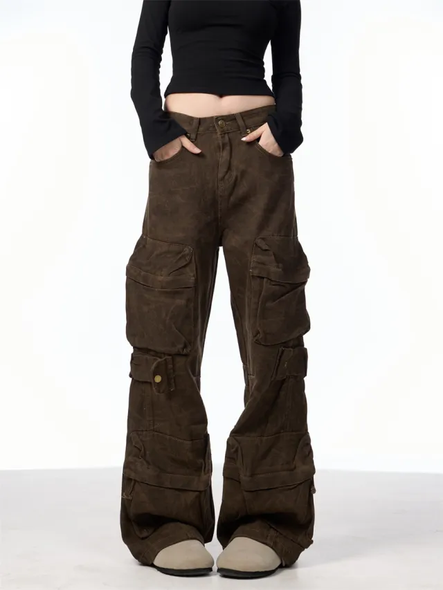 Retro Design Camouflage Cargo Pants Women Coffee - Shop at LoveMi