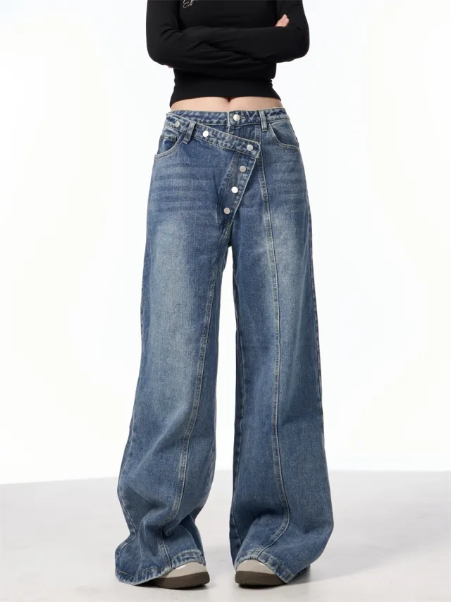 Irregular Breasted Washed Straight Jeans Blue Loose Wide Leg Pants Blue - Shop at LoveMi