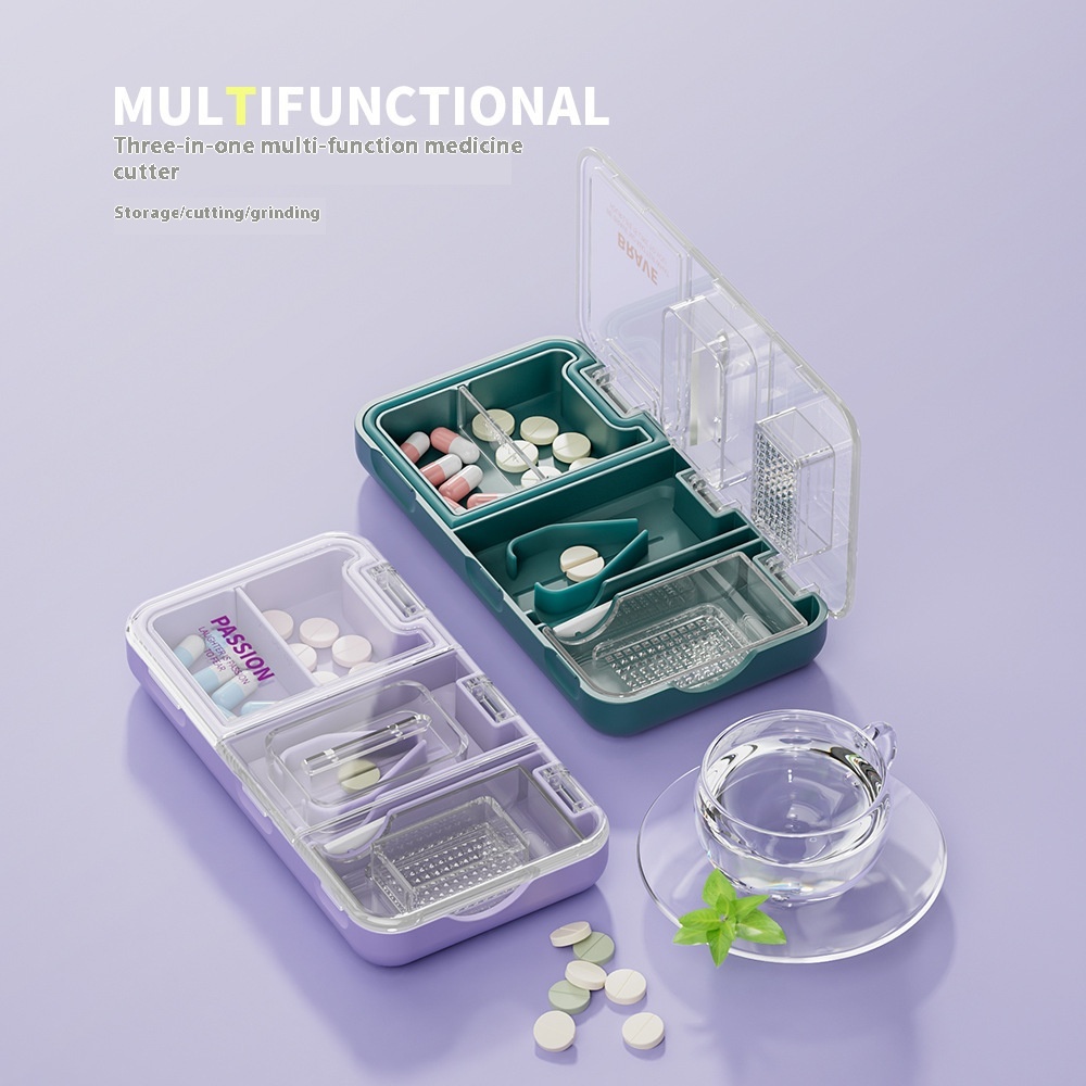 Multifunctional Pill Cutter Pill Box Three-in-one Abrasive Powder Box With Brush - Image 1