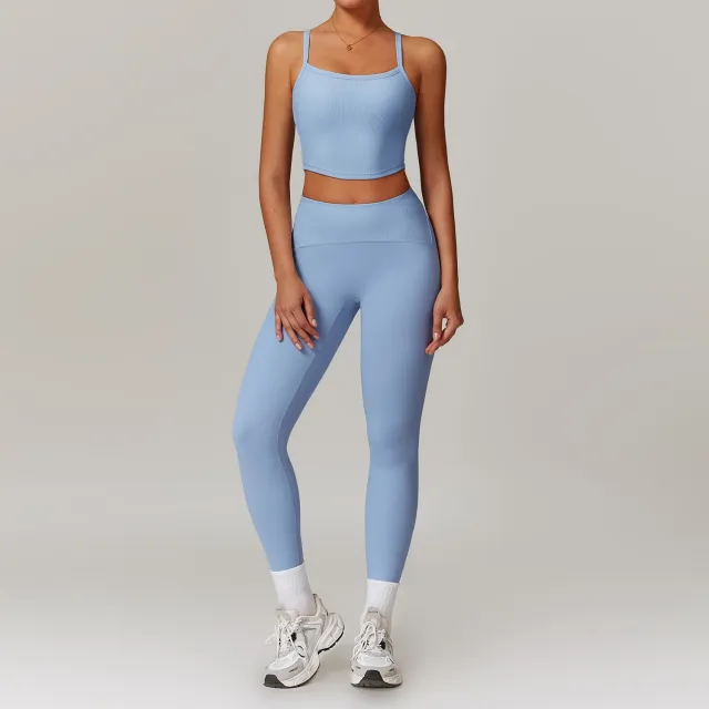 European And American Leisure Long Sleeve Yoga Suit Slimming High Waist Sling Vest Pants Sky Blue - Shop at LoveMi