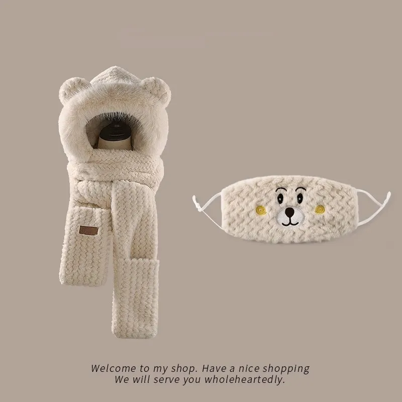 Bear Ears Plush Hat And Scarf For Women - Beige And Face Mask