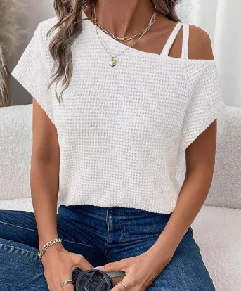 Women's Short sleeved Solid Color Top Fashionable All match Off shoulder Knitted T shirt White - Shop at LoveMi