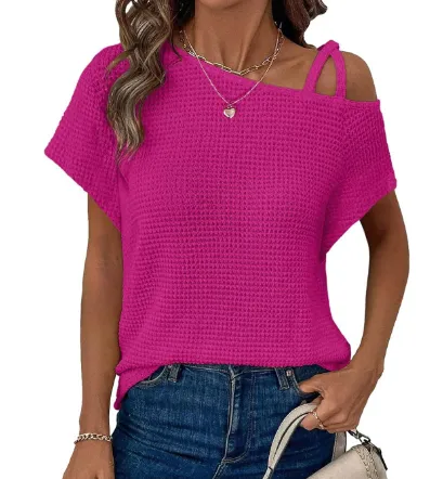 Women's Short sleeved Solid Color Top Fashionable All match Off shoulder Knitted T shirt Deep Pink - Shop at LoveMi