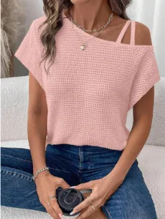 Women's Short-sleeved Solid Colour Top Fashionable All-match Off-shoulder Knitted T-shirt - Pink - View 1