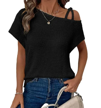 Women's Short sleeved Solid Color Top Fashionable All match Off shoulder Knitted T shirt Black - Shop at LoveMi