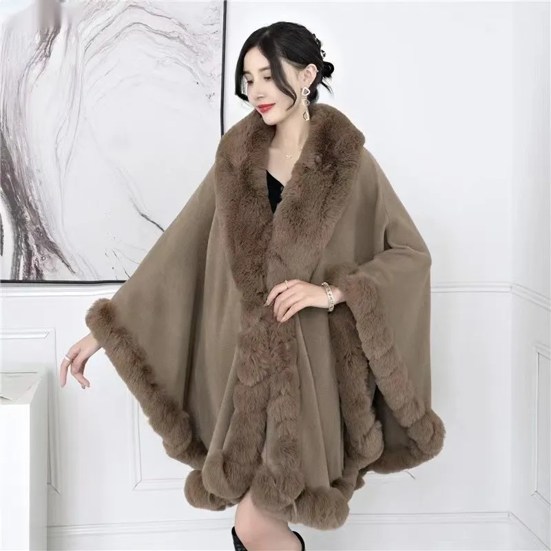 Artificial Rex Rabbit Wool Cape Shawl Women's Oversized Knit Woolen Cardigan Baggy Coat - Khaki