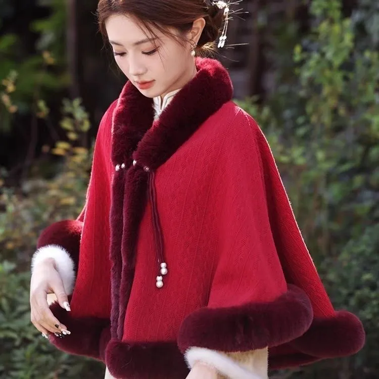New Furry Coat Cheongsam Bridal Wedding Dress Bright Beads Solid Color Knitted Plus Fluff Cloak - Wine Red