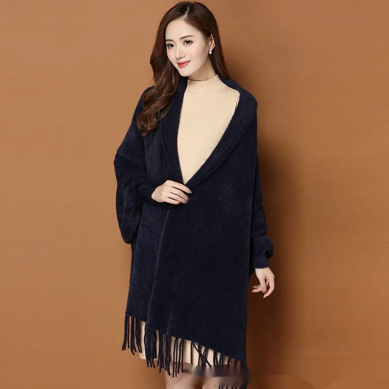 Autumn And Winter Classic Pure Colour Thickened Faux Mink Sleeved Shawl Women's Scarf - Blue
