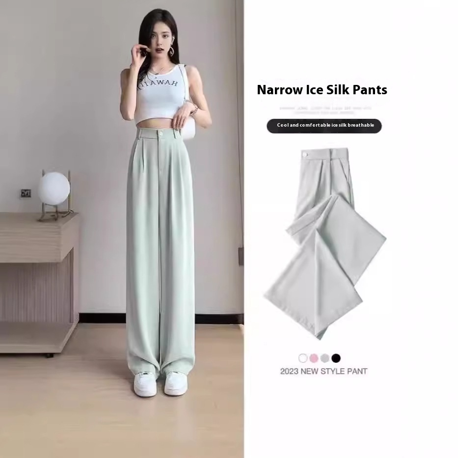 Women's Wide-leg Pants Summer Thin High Waist Slimming Draping Figure Small Straight Single Buckle Casual