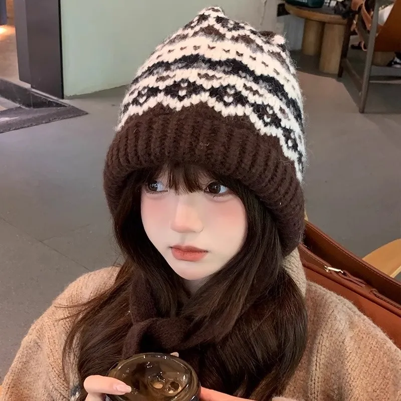 Women's Balaclava Autumn And Winter Knitted Hat - Coffee