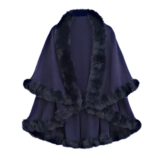 Autumn And Winter Rabbit Fur Collar Double Layer Artificial Cashmere Cape And Shawl Blue - Shop at LoveMi