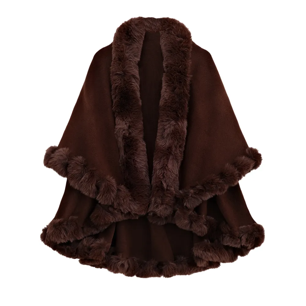 Autumn And Winter Rabbit Fur Collar Double Layer Artificial Cashmere Cape And Shawl - Coffee