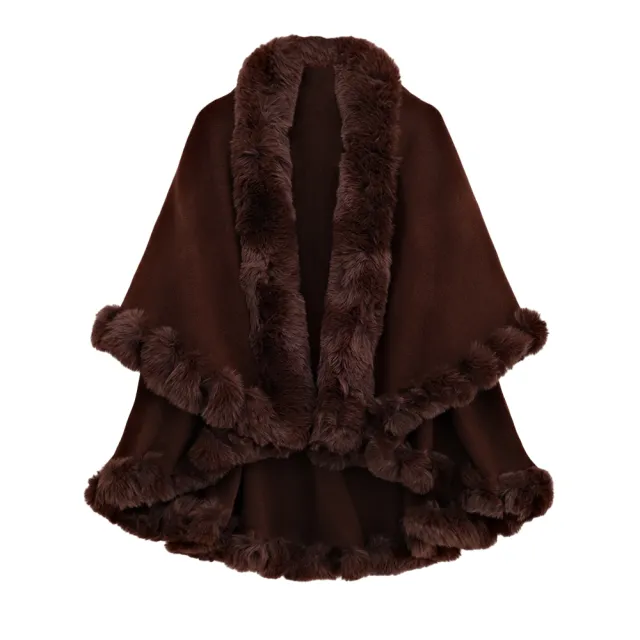 Autumn And Winter Rabbit Fur Collar Double Layer Artificial Cashmere Cape And Shawl Coffee - Shop at LoveMi