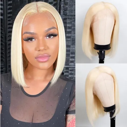 613 Blonde Bob Wig Short Straight Human Hair Wigs For Women 8Inch Bob Wig130Density T Par - Shop at LoveMi