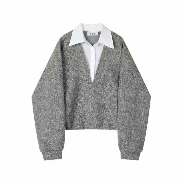 Fake Two Pieces Sweaters Inner Women's Retro Top Gray - Shop at LoveMi