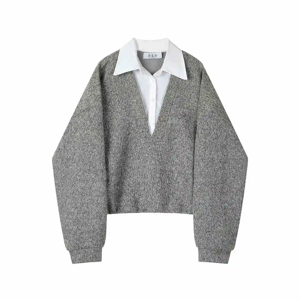 Fake Two Pieces Sweaters Inner Women's Retro Top - Grey
