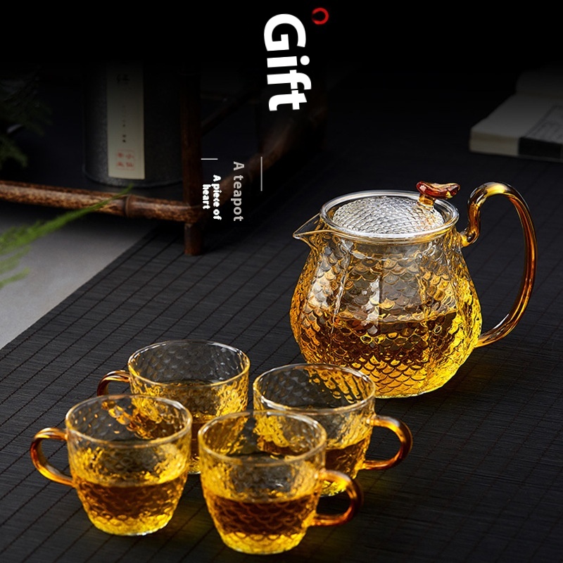 طقم إبريق شاي بزجاج بوروسيليك مقاوم للحرارة وتصميم مقياس النسيج