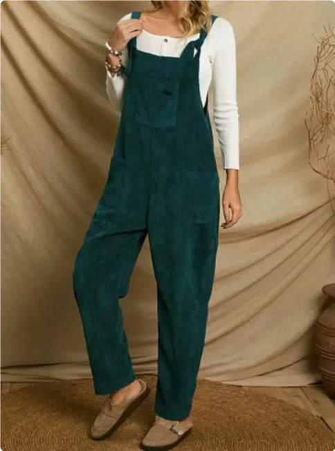 Corduroy Multi Pocket Shoulder Strap Jumpsuit Dark Green - Shop at LoveMi