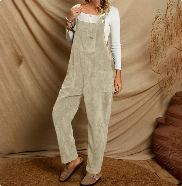 Corduroy Multi Pocket Shoulder Strap Jumpsuit Cream - Shop at LoveMi