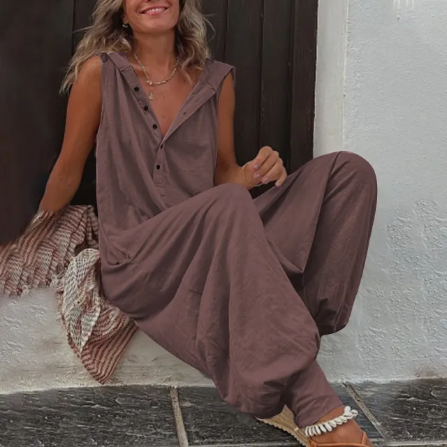New Button Hooded Sleeveless Jumpsuit Greyish Purple - Shop at LoveMi