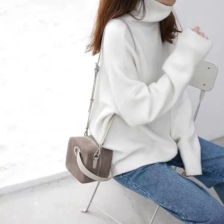 European And American Turtleneck Cashmere Sweater Women's Thickened Sweater Loose Pullover Lazy Knitted Plus Size Bottoming Shirt - White