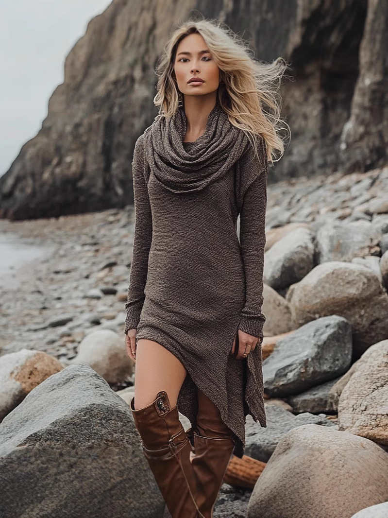 Fashion Solid Color Heap Collar Long Sleeves Dress