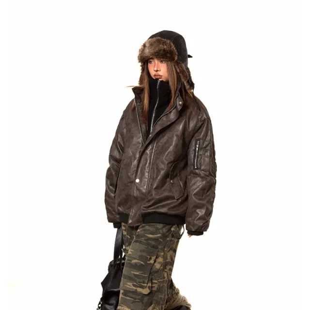 American style Fake Two piece Suede Bomber Jacket Cotton padded Jacket Dark Grey - Shop at LoveMi
