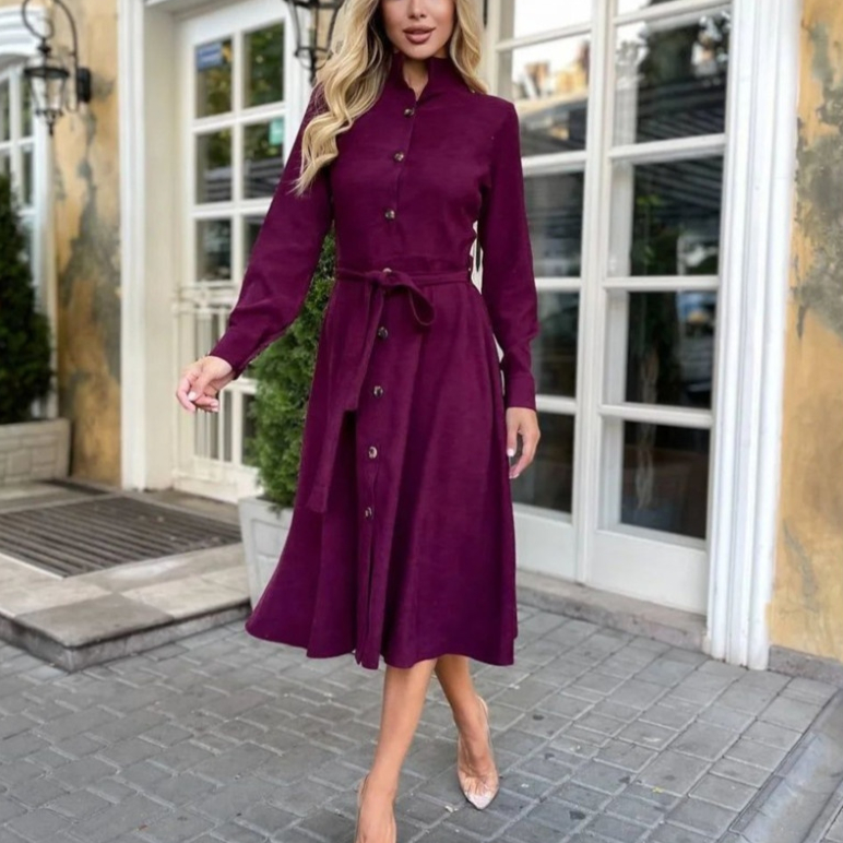 Temperament Pure Color Tied Button Shirt Dress