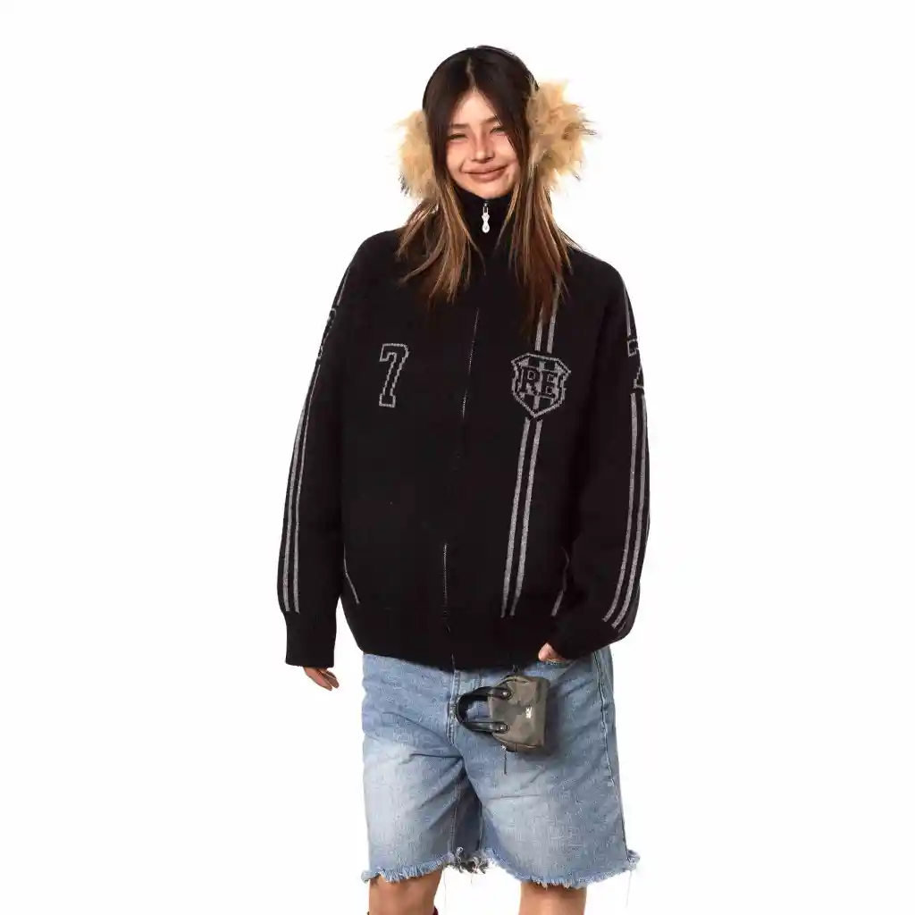Cardigan Zipper Number 7 Sweater Casual Plush Top - Black