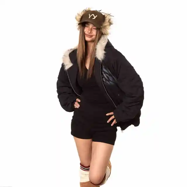 Printed Hooded Fur Collar Cotton padded Coat Baggy Coat Black - Shop at LoveMi