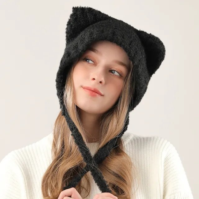 Cute Bear Knitted Hat Warm keeping And Cold proof Earmuffs Hat Elegant Black - Shop at LoveMi