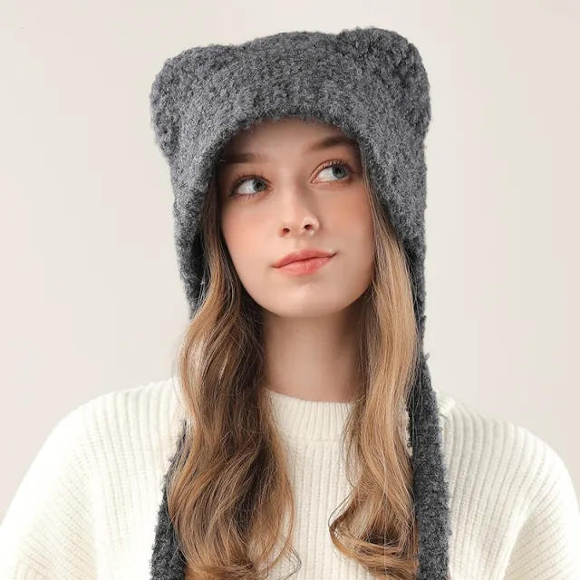 Cute Bear Knitted Hat Warm keeping And Cold proof Earmuffs Hat Dark Gray - Shop at LoveMi