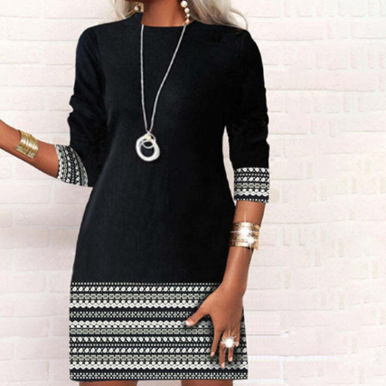 Women's Stitching Round Neck Long-sleeved Printed Mini Dress