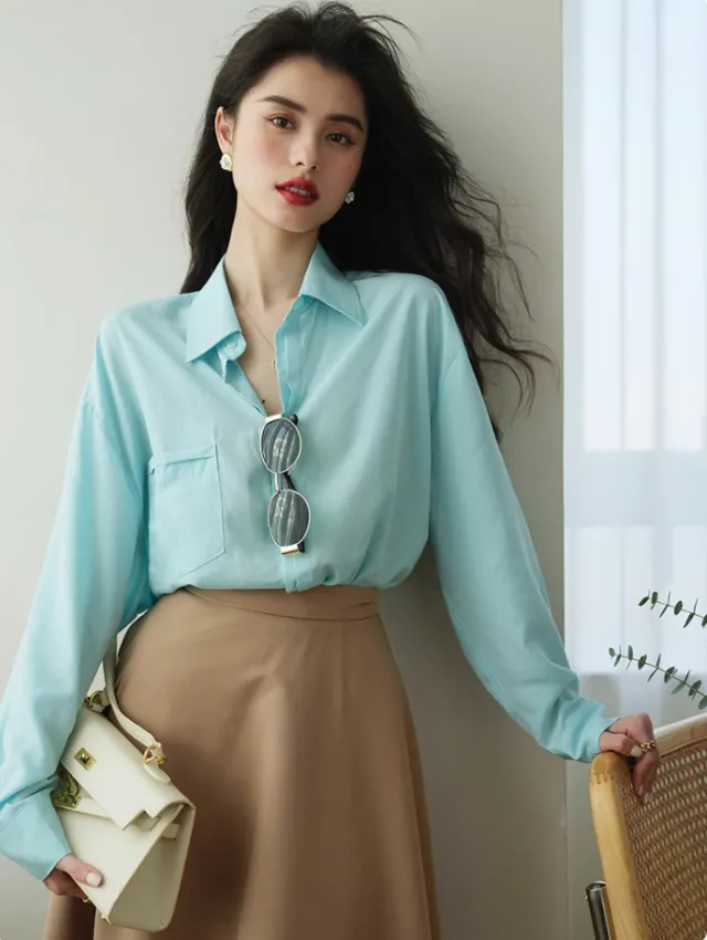 Spring New Simple Loose Casual Top Water Blue - Shop at LoveMi