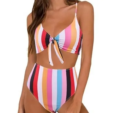 Women's Bow High Waist Bikini Suit - Colorful