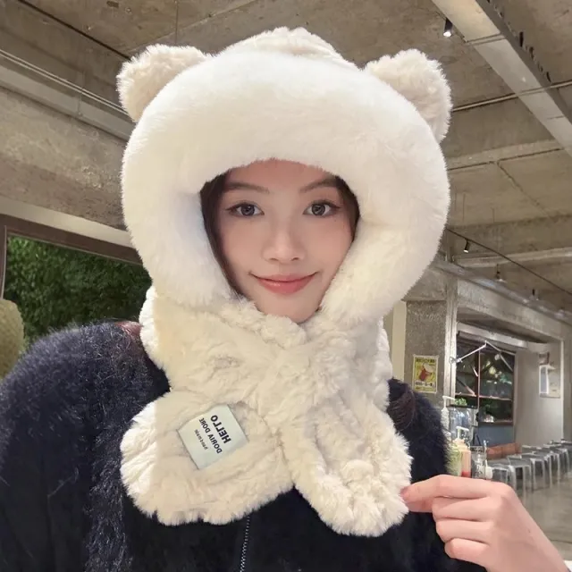 Hat Scarf One Female Student Cute Warm Winter Plush Pullover Ear Protection Beige - Shop at LoveMi
