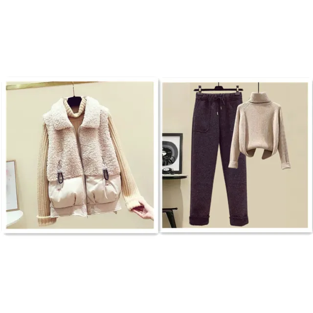 Winter New Polo Collar Lamb Wool Vest Women's Short Korean Style Beige Set - Shop at LoveMi